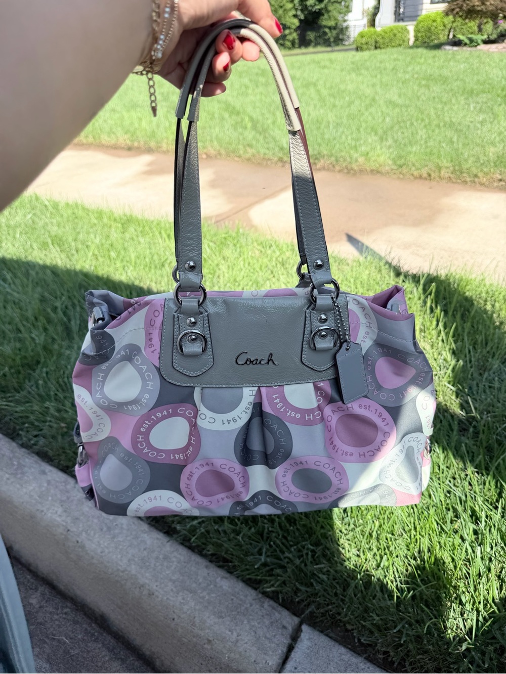 Coach Pink and Gray Signature Circle Satchel